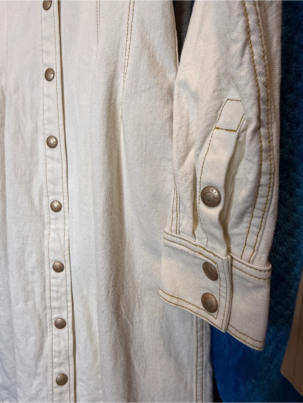 Tory Burch Denim Like Cream Color Full Front Snap Closure Shirt Dress | EUC